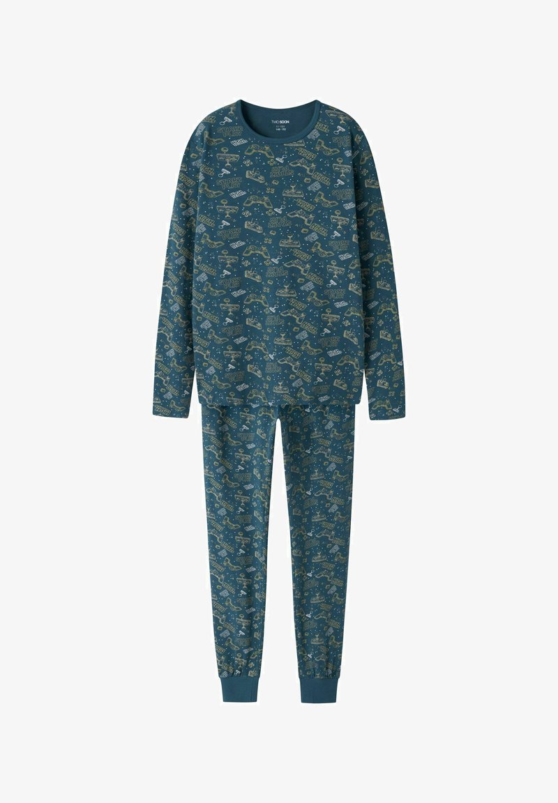 Ensemble haut à manches longues et pantalon en bleu-vert avec un motif de manette de jeu vidéo et le texte "Commencer à jouer", poignets élastiques sur le pantalon et les manches.