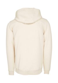 Lys beige hættetrøje med en standard pasform, udstyret med snorhætte, ribbede manchetter og linning samt et blødt, struktureret stof.