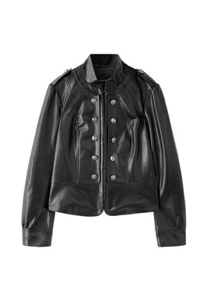 Veste noire en similicuir avec boutons argentés en double rangée devant, manches longues et col montant sur fond blanc.