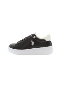 Black leather sneakers with a white sole, featuring a round toe, lace-up front, and a small logo on the side and heel.