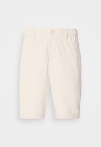 Beige shorts i lättviktig tyg med knappstängning, elastisk midja, sidfickor och knälång modell.