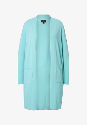 Lyseblå lang cardigan lavet af blødt stof, med åben front, lange ærmer og to frontlommer.