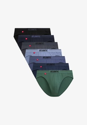 Siedem par męskich bokserek w kolorach: czarnym, granatowym, szarym, jasnoniebieskim, niebieskim, ciemnoniebieskim i zielonym, z logo "ATLANTIC" na gumce w pasie.