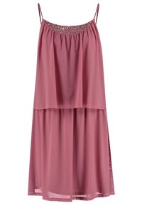 Rosa ärmelloses Kleid mit einem geschichteten Design, das einen mit Perlen verzierten Ausschnitt und eine fließende, leichte Textur aufweist.