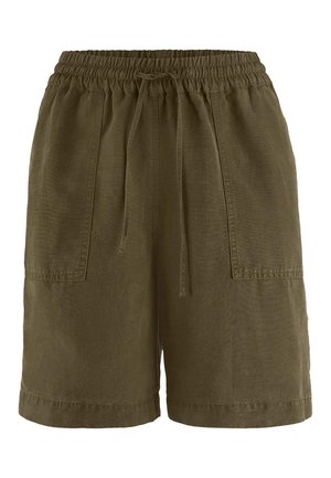 Legere Shorts in Olivgrün mit elastischem Bund, verstellbarem Kordelzug und großen aufgesetzten Fronttaschen.