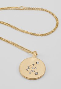 Goldfarbene Halskette mit einem runden Anhänger in mattem Finish und mit Kristallelementen, die in einem Sternbild-Muster angeordnet sind. Die Kette ist verbunden.