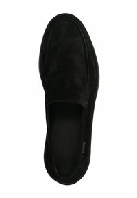 Black suede slip-on shoe with a smooth texture, rounded toe, minimal stitching detail, and a cushioned insole. Sole is slightly raised.