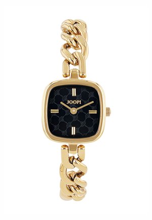 Goldfarbene Armbanduhr mit einem quadratischen schwarzen Ziffernblatt, goldenen Stundenmarkierungen und einem klobigen Gliederarmband. Das Ziffernblatt zeigt ein dezentes Muster.