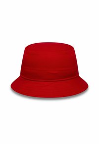 Rote Baumwollbucketschirmmütze mit runder Oberseite, schmalem Band und breiter, nach unten geneigter Krempe. Glatte Textur und einfarbig, ohne Muster.
