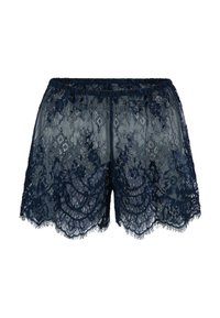 Marineblaue Spitzen-Shorts mit Wellenkante, die komplizierte Blumen- und geometrische Muster aufweisen, einen elastischen Bund besitzen und eine durchsichtige Textur haben.