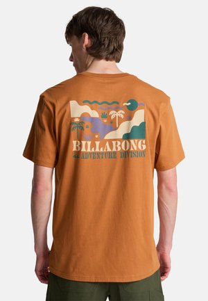 Uomo che indossa una maglietta arancione bruciato con un paesaggio astratto colorato e la scritta "Billabong Adventure Division" sul retro.