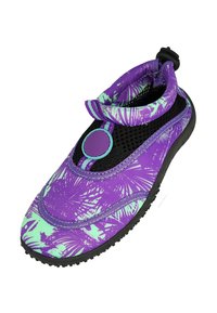 Paars aquatisch schoen met palmbladpatroon, gaas bovenkant, verstelbare riem en rubberen zool. Heeft een cirkelvormige accent in turquoise.