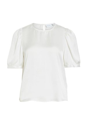 Hvid satinbluse med korte puffærmer og rund halsudskæring, med en lille knaplukning med nøglehul bagpå.