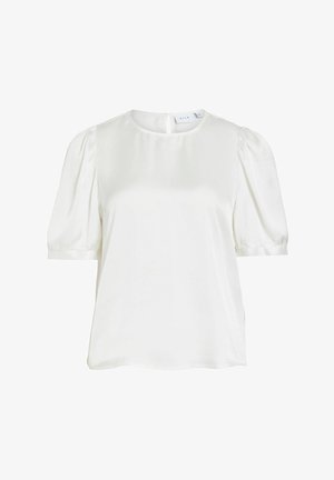Weiße Satinkleidbluse mit kurzen Puffärmeln und rundem Ausschnitt, ausgestattet mit einem kleinen Knopfverschluss am Rücken.