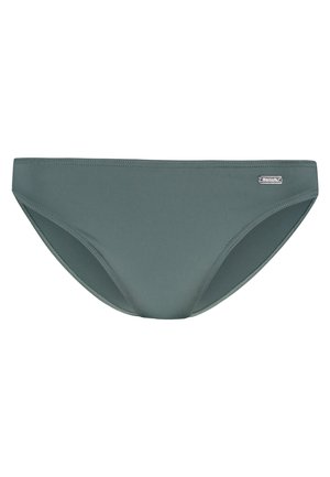 Groene bikini onderkant met een gladde textuur, laag uitgesneden ontwerp en een klein zilveren logo etiket aan de zijkant. Klassiek snit en effen kleur.