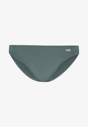 Bas de bikini vert présentant une texture lisse, un design taille basse et une petite étiquette à logo argenté sur le côté. Coupe classique et couleur unie.