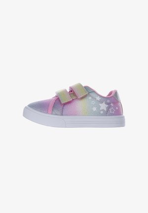 Sneaker in tela con motivo arcobaleno colorato, caratterizzata da due cinturini in Velcro, suola in gomma bianca e dettagli a forma di stella sul lato.
