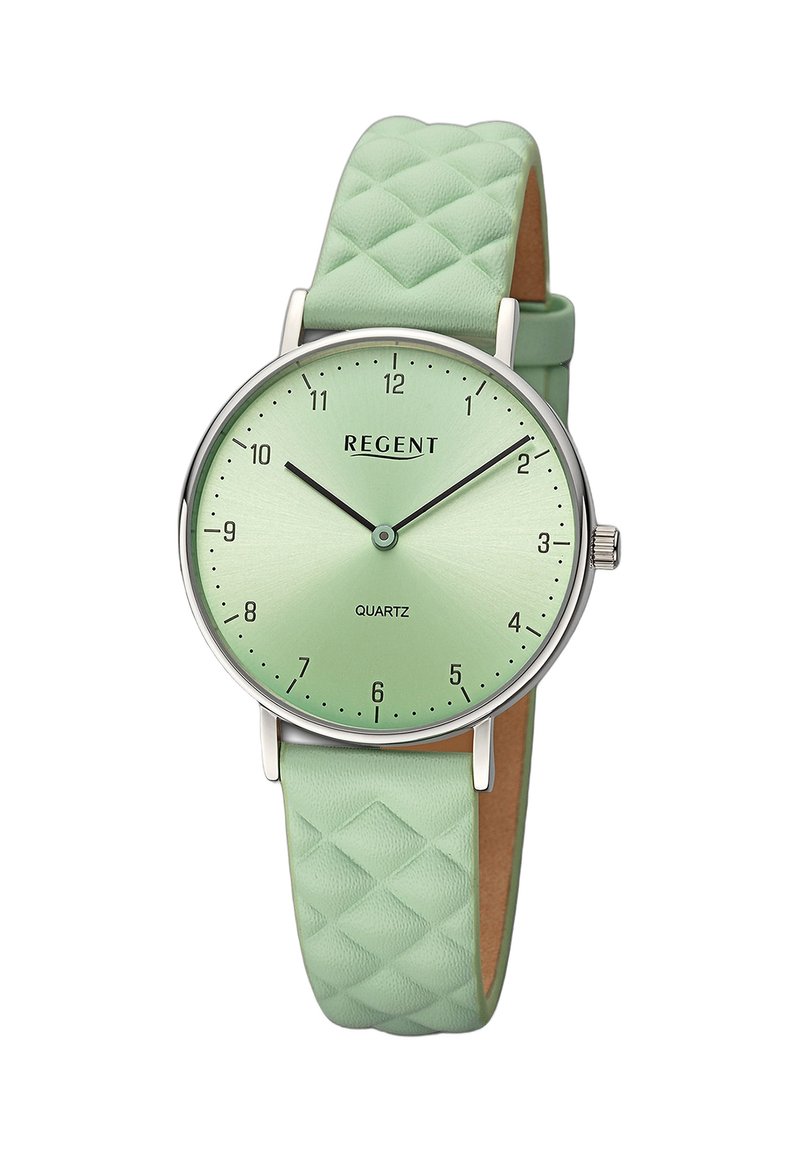 Montre en quartz vert menthe avec un boîtier métallique rond, un bracelet en cuir texturé, un cadran minimaliste, des index numériques et des aiguilles argentées.