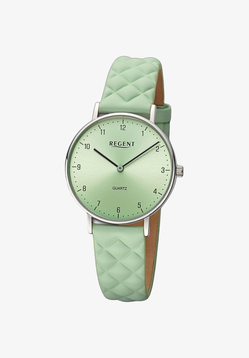 Montre en quartz vert menthe avec un boîtier métallique rond, un bracelet en cuir texturé, un cadran minimaliste, des index numériques et des aiguilles argentées.