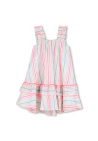 Φορέματα από βαμβάκι με παστέλ κάθετες ρίγες σε ροζ, μπλε και κίτρινο. Διαθέτει τιράντες με βολάν και στρώσεις με βολάν στο κάτω μέρος με διακοσμητική τρέσα.