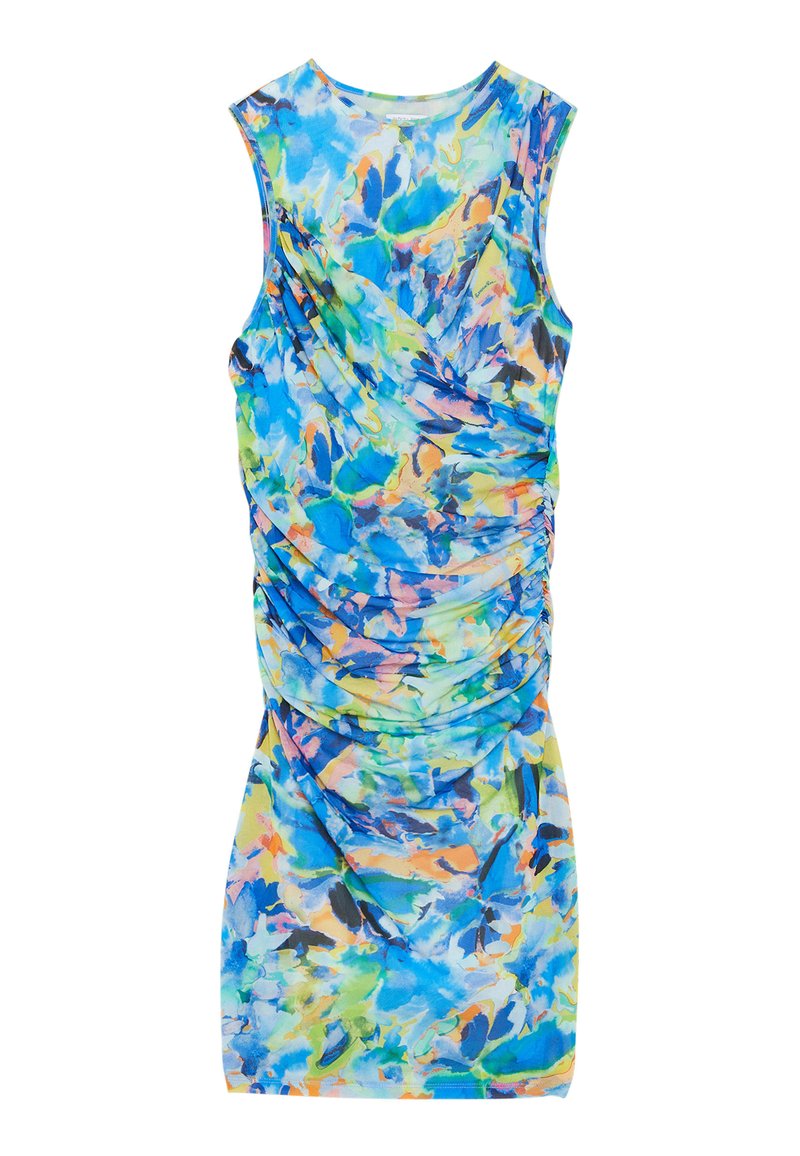 Sukienka mini bez rękawów w wielokolorowy kwiatowy wzór, z marszczeniami po bokach i okrągłym dekoltem. Wykonana z miękkiego, elastycznego materiału.
