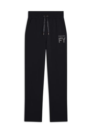 Pantaloni della tuta neri con cintura elastica e cordino, con un logo in strass argentati sulla parte sinistra dell'anca. Tessuto liscio e morbido.