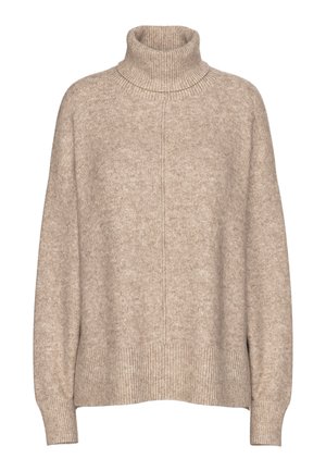 Pull en maille beige à col roulé. Présente des accents côtelés au niveau du col et de l'ourlet, avec une coupe décontractée et des détails de couture minimalistes.