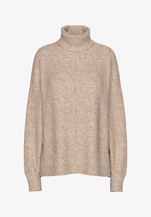 Beige garbónyakú pulóver puha kötött anyagból. A gallérnál és az alján bordás díszítéssel rendelkezik, laza szabású és minimális varrási részletekkel bír.