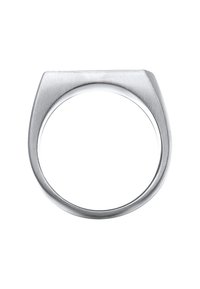 Silverfärgad metallring med en platt topp och en slät, polerad yta. Cirkulär band med en lite böjd kant och minimalistisk design.