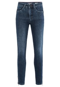 Jeans ajustados azul oscuro de mezclilla, con cinco bolsillos, un zipper en los tobillos y una cintura estándar con trabillas para cinturón.