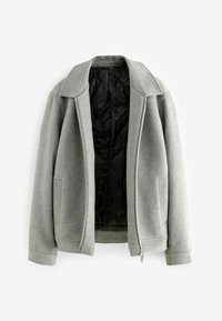 Grijze zip-up jack met een brede kraag, gevoerde zwarte binnenvoering, zijzakken en geribbelde manchetten. Gemaakt van een zachte, gestructureerde stof.