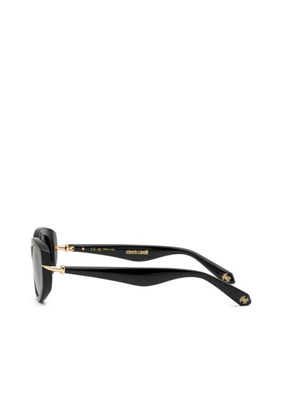 Lunettes de soleil rectangulaires noires avec des branches épaisses, des accents dorés et le logo « roberto cavalli » sur le côté et aux extrémités des branches.