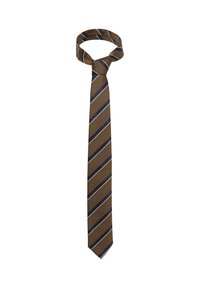 Corbata de seda marrón con rayas diagonales en azul marino y blanco. Presenta una textura suave y una punta afilada, diseñada para ocasiones formales.