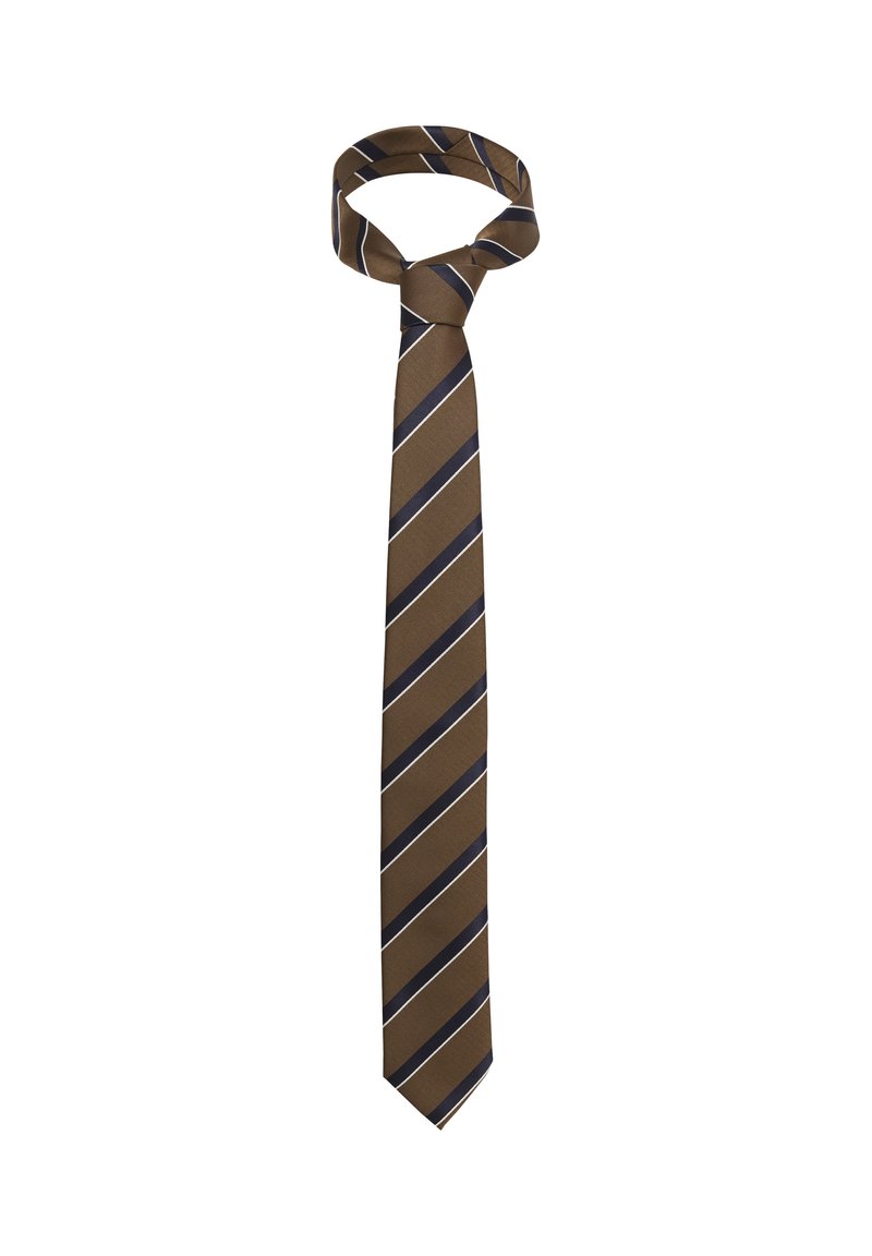 Corbata de seda marrón con rayas diagonales en azul marino y blanco. Presenta una textura suave y una punta afilada, diseñada para ocasiones formales.