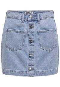 Denim mini skirt in light blue, featuring five front buttons, two patch pockets, and a slightly distressed texture. Label reads "ONLY."