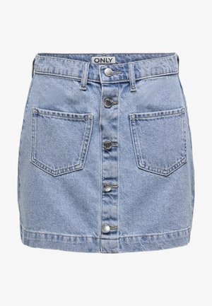 Denim mini skirt in light blue, featuring five front buttons, two patch pockets, and a slightly distressed texture. Label reads "ONLY."