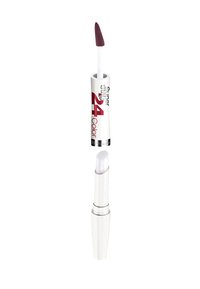 Liquid lipstick in a white cylindrical tube with a pointed applicator, featuring a dark plum shade and a clear gloss cap.