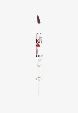 Liquid lipstick in a white cylindrical tube with a pointed applicator, featuring a dark plum shade and a clear gloss cap.
