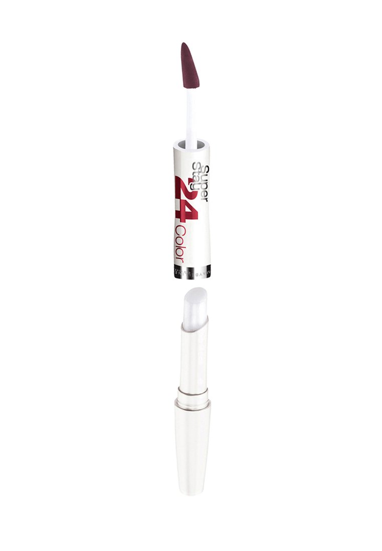Liquid lipstick in a white cylindrical tube with a pointed applicator, featuring a dark plum shade and a clear gloss cap.