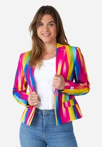 Brightly colored blazer with vertical stripes in pink, yellow, blue, and green. Features a single button closure and notch lapels.
