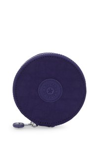 Round, purple zippered wallet made of durable fabric with textured surface and a prominent circular logo featuring a star.