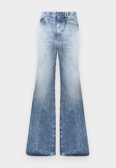 Faded blue denim flared jeans with a high waist, featuring a button closure, five pockets, and a distressed wash effect.