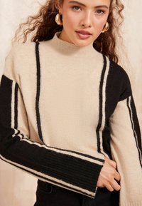 Maglione a righe beige e nero con colletto alto e maniche lunghe a coste. Presenta righe a contrasto lungo le braccia e il corpo.