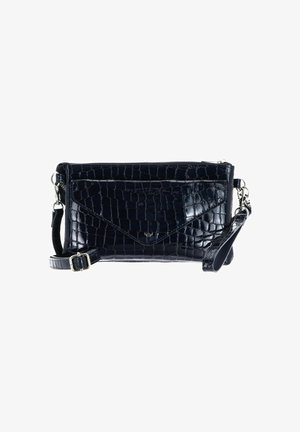 Black croc-embossed leather wristlet with envelope front pocket, zipper closure, and detachable strap with silver-tone hardware.