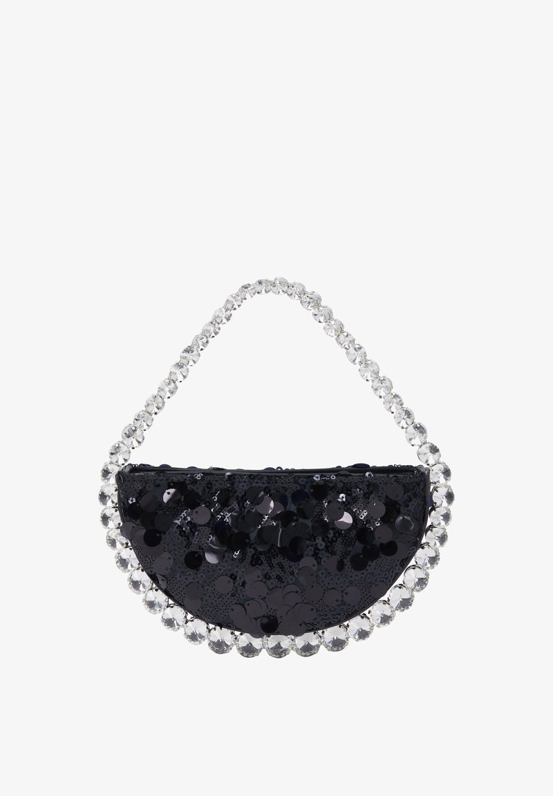 Borsa a mezzaluna nera in paillettes con tracolla in perline trasparenti, caratterizzata da una texture lucida e motivi circolari sulla superficie.