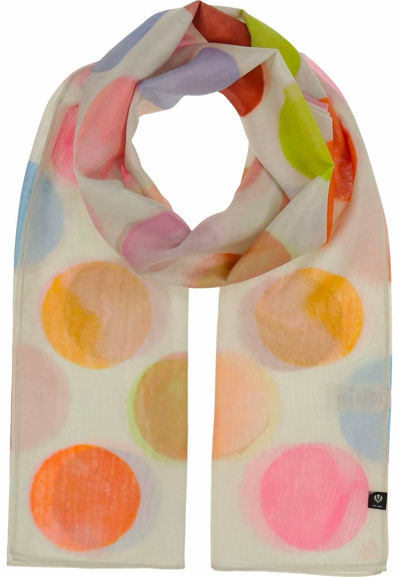 Écharpe légère avec de grands pois aquarelle colorés en orange, rose, vert, bleu et violet sur un fond blanc.