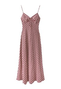 Robe sans manches à carreaux rouges et blancs avec fines bretelles et détail noué sur le devant à la poitrine, jupe fluide mi-longue.