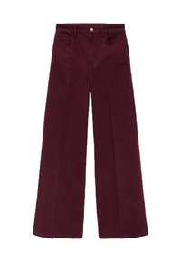Pantalons évasés bordeaux en tissu doux en coton mélangé, dotés d'une fermeture à bouton sur le devant, de deux poches latérales et d'un ourlet soigné.