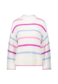 Pull blanc en tricot avec des rayures horizontales rose, violet et bleu. Présente un col rond et des poignets et un ourlet côtelés.