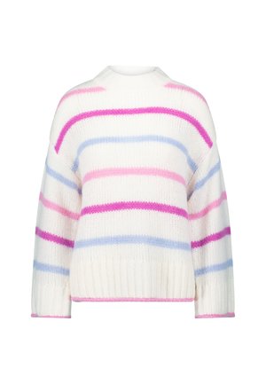 Witte gebreide trui met horizontale strepen in roze, paars en blauw. Heeft een ronde halslijn en geribbelde manchetten en zoom.